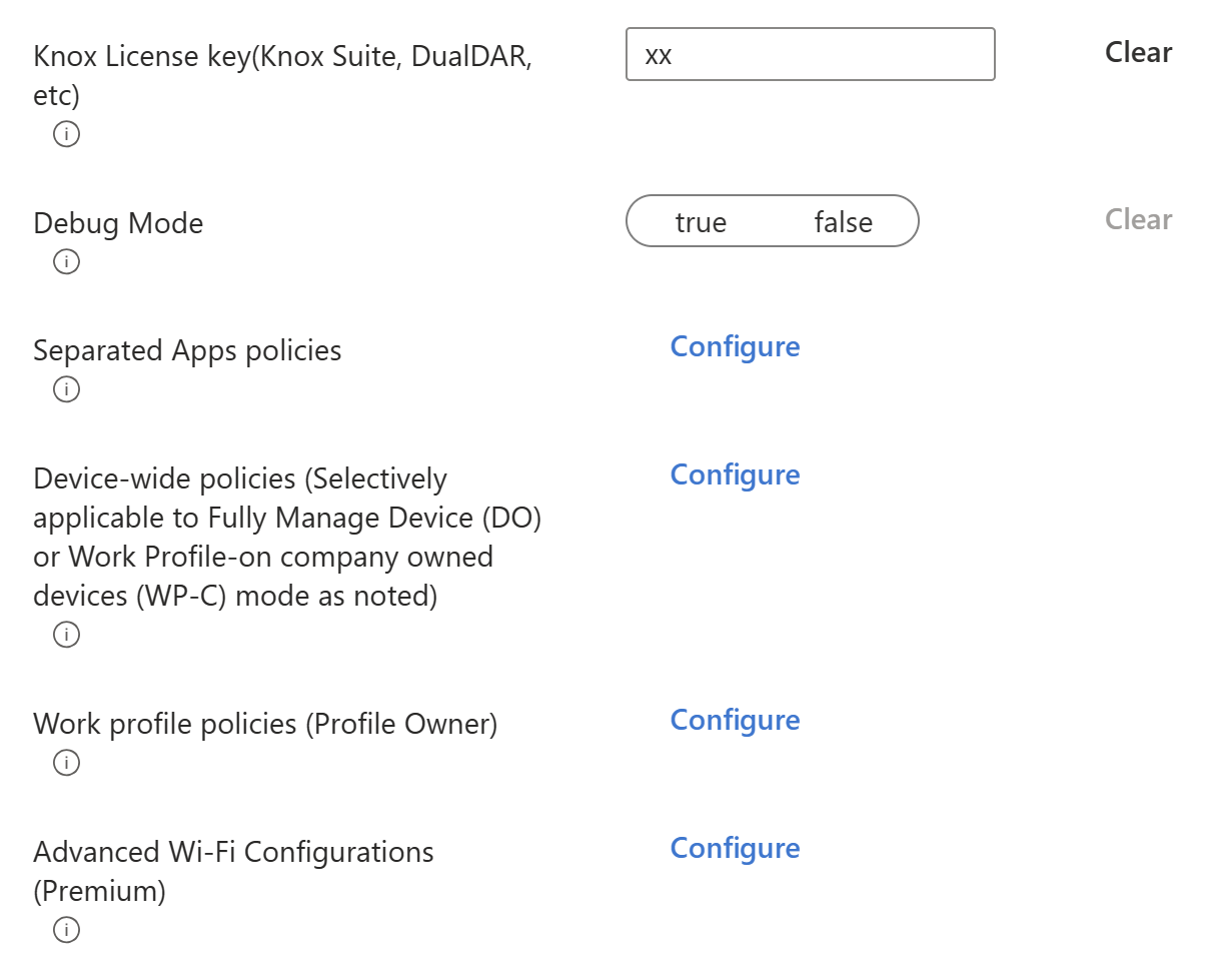 Schermopname van een voorbeeld van een OEMConfig-apparaatconfiguratieprofiel met de belangrijkste bovenliggende groepen of bundels die kunnen worden geconfigureerd in Microsoft Intune.