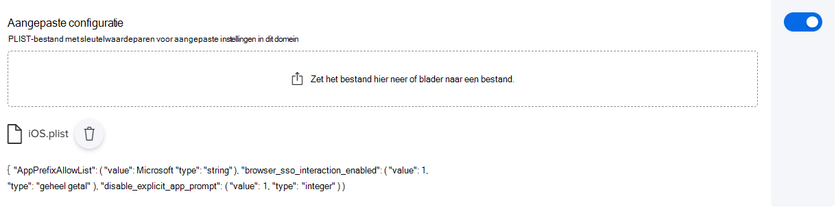 Schermopname van een voorbeeld van een aangepaste configuratie met een PLIST-bestand voor Jamf Pro.