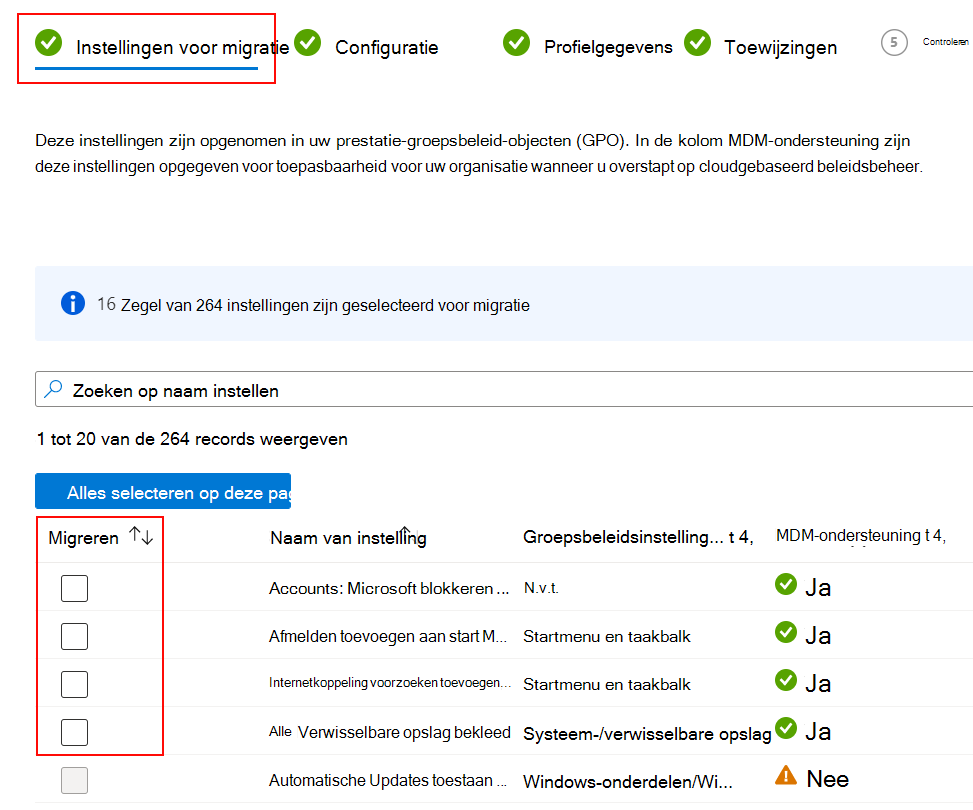 Schermopname van de te migreren instellingen en het inschakelen van het selectievakje Migreren in Microsoft Intune.