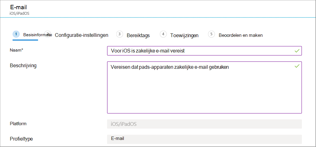 Maak een configuratieprofiel voor e-mailapparaten voor iOS-/iPadOS-apparaten in Microsoft Intune en het Intune-beheercentrum.