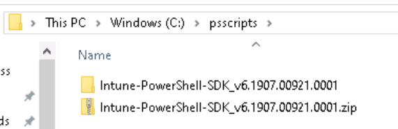 Schermopname van de mapstructuur van de Intune PowerShell SDK nadat deze is geëxtraheerd.