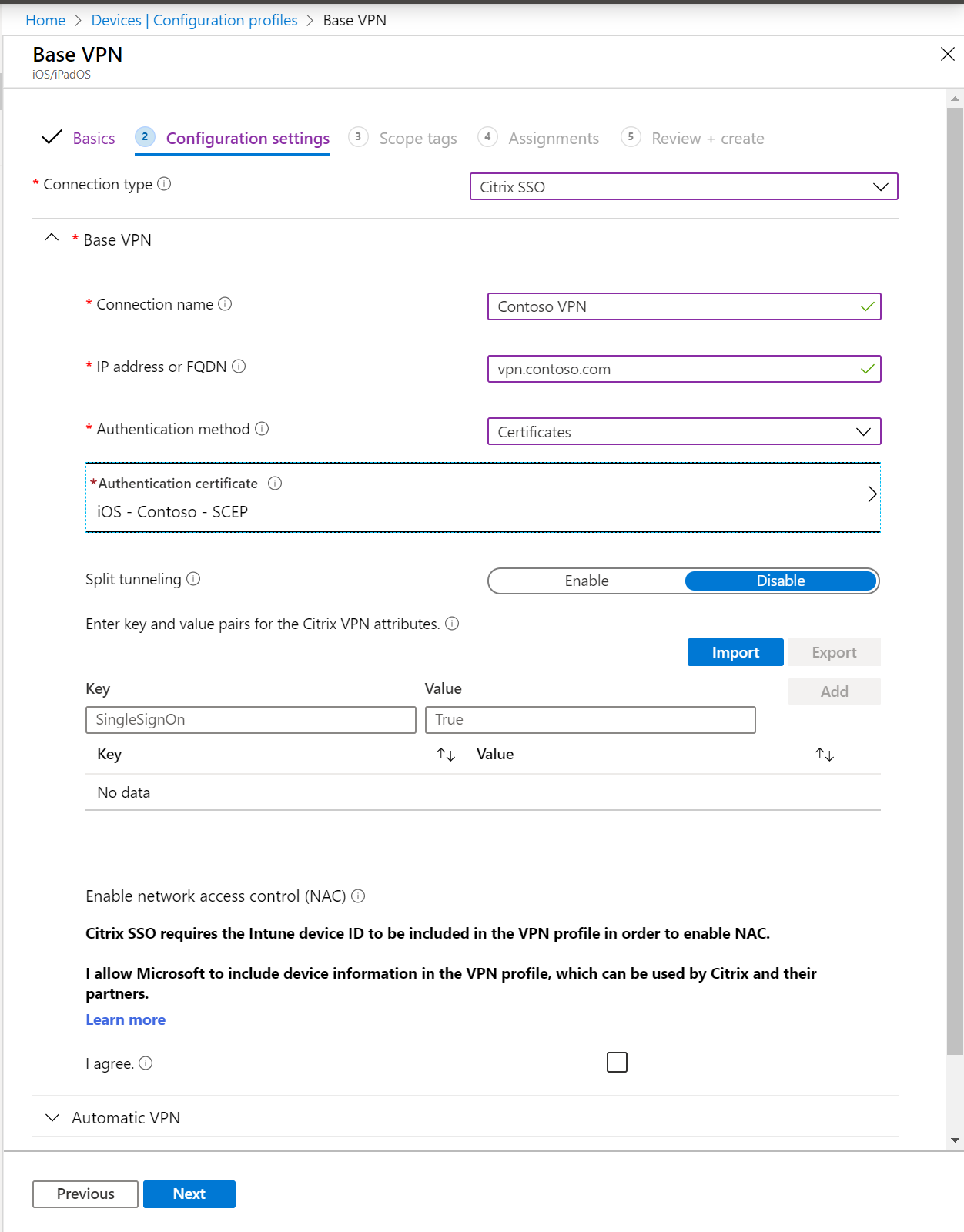 Schermopname van een VPN-profiel per app, IP-adres of FQDN, verificatiemethode en split tunneling in Microsoft Intune en Intune beheercentrum.