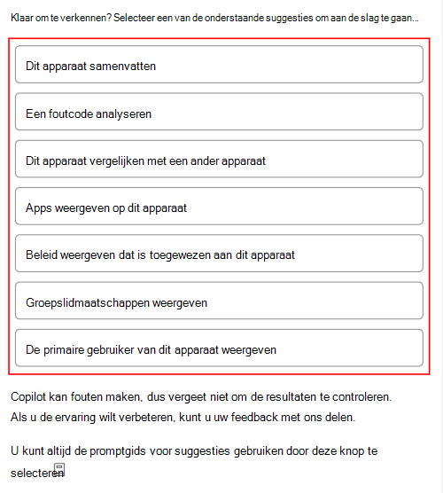 Schermopname van de Copilot-sampleprompts nadat je een apparaat hebt geselecteerd in Microsoft Intune of het Intune-beheercentrum.