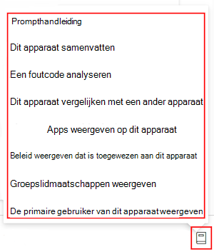 Schermopname van de Copilot-promptgids nadat je een apparaat hebt geselecteerd in Microsoft Intune of het Intune-beheercentrum.