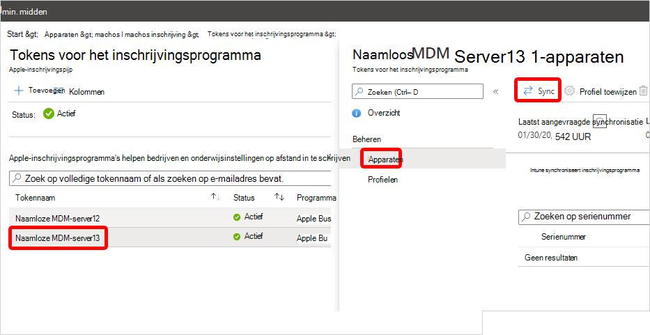 Schermopname van het tokengebied Van het inschrijvingsprogramma in het beheercentrum, met het voorbeeldtoken, de koppeling Apparaten en de knop Synchroniseren gemarkeerd.