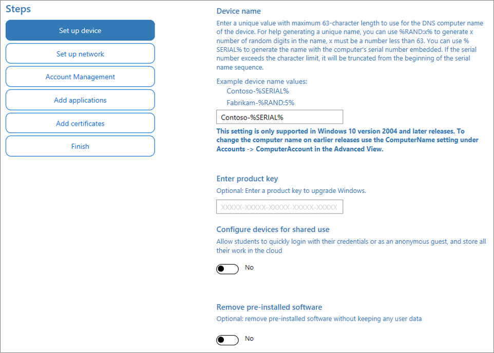 Schermopname van het opgeven van de naam en productcode in de Windows Configuration Designer-app