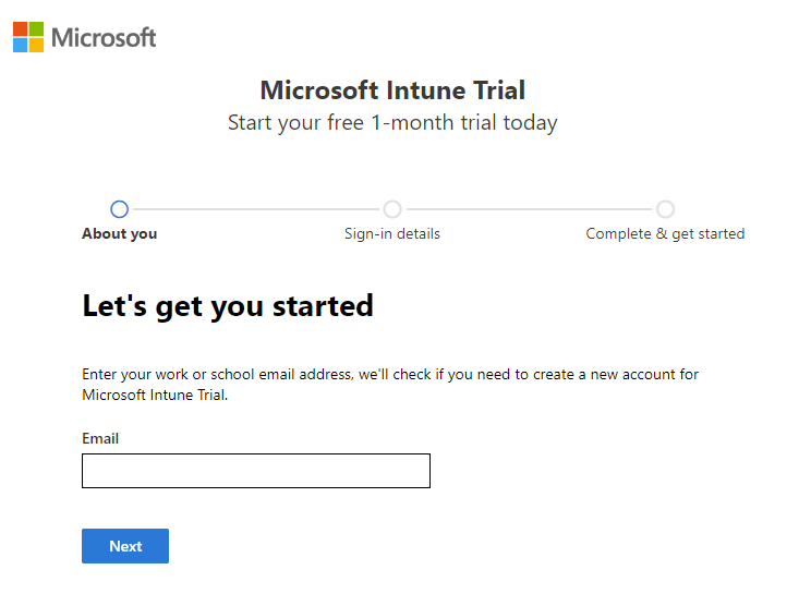 Schermopname van de pagina Microsoft Intune account instellen - E-mailadres invoeren