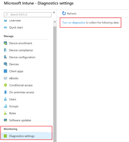 Schermopname van het inschakelen van diagnostische instellingen in Microsoft Intune logboeken verzenden naar Azure Monitor.