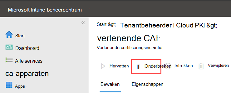 Voorbeeldschermopname waarin de actie Onderbreken voor Cloud PKI wordt gemarkeerd.