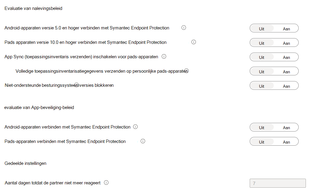 Schermopnamevoorbeeld met de instellingen van het MDM-nalevingsbeleid voor de MDT-connector.