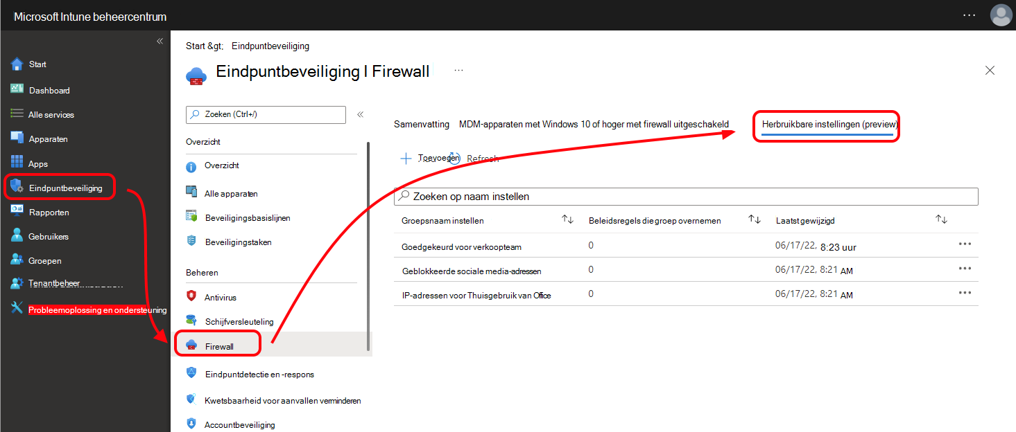 Schermopname van het tabblad Herbruikbare instellingen voor firewallbeleid in het Microsoft Intune-beheercentrum.