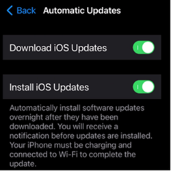 Schermopname van automatische update-instellingen op iOS-/iPadOS Apple-apparaten.