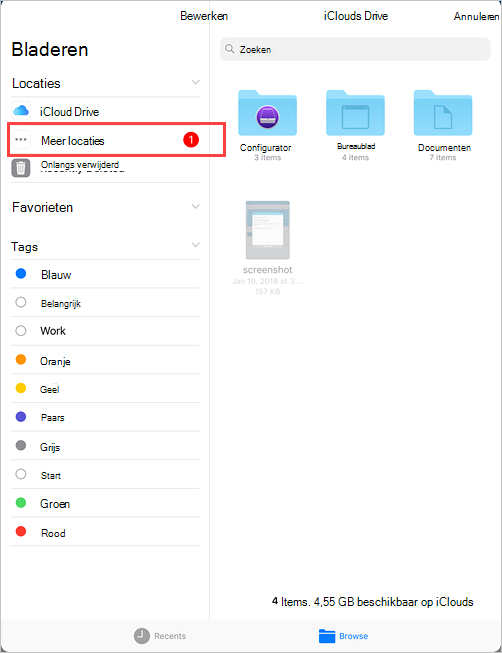 Voorbeeldschermopname van iCloud Drive, menu Bladeren met de optie Meer locaties gemarkeerd.