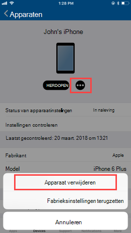 Schermopname van het scherm Bedrijfsportal app Apparaten, met opties nadat de gebruiker op Verwijderen heeft geklikt. Toont de knop Apparaat verwijderen, de knop Fabrieksinstellingen herstellen en de knop Annuleren.