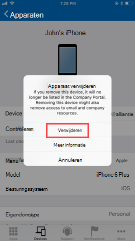 Schermopname van het scherm apparaten Bedrijfsportal app, met opties nadat de gebruiker op de knop Apparaat verwijderen heeft geklikt. Toont de rood gemarkeerde knop 'Verwijderen' en blauw gemarkeerde knop 'Meer informatie' en 'Annuleren'.