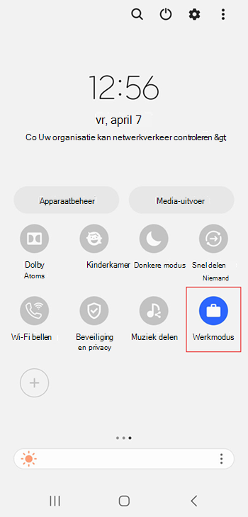 Schermopname van het pictogram geactiveerd werkprofiel in de snelle instellingen van Samsung Galaxy S20.