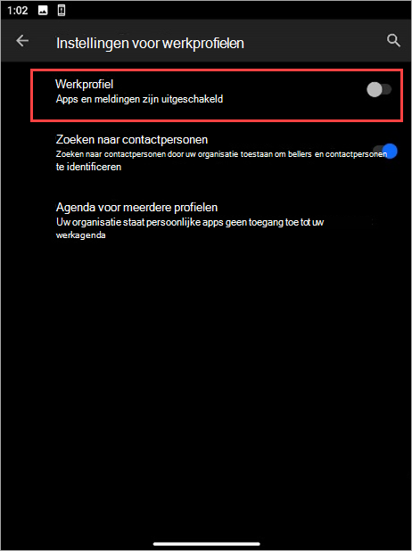 Schermopname van de wisselknop Werkprofiel uitgeschakeld in de instellingen van het Surface Duo-apparaat.