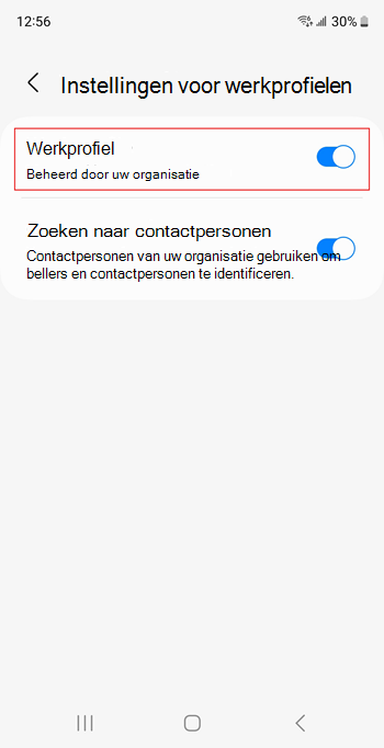 Schermopname van de wisselknop Werkprofiel ingeschakeld in de apparaatinstellingen van Samsung Galaxy S20.