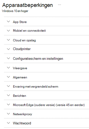 Alle instellingen voor apparaatbeperkingen voor Windows-apparaten in Microsoft Intune.