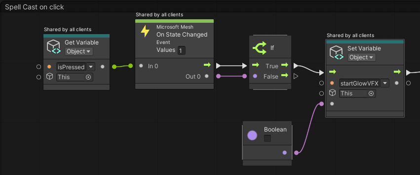 Een schermafbeelding van de start glow vfx booleaanse waarde is gewijzigd in onwaar