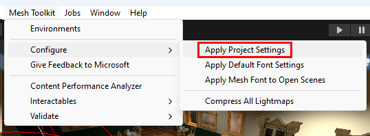 Een schermopname van de menubalk in Unity met de optie Projectinstellingen configureren