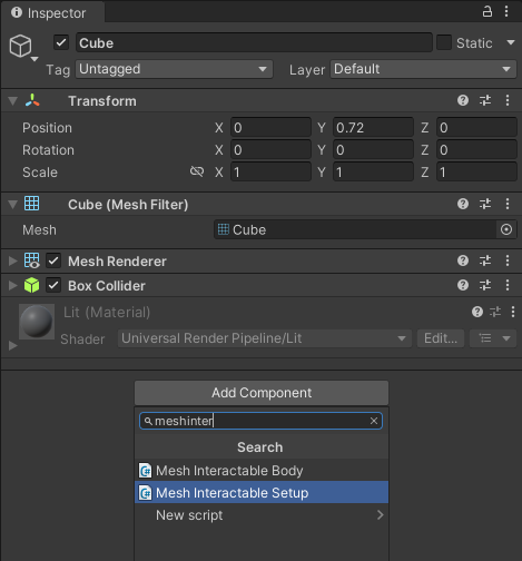 Schermopname van de zoekbalk Component toevoegen met Mesh Interactables Setup geselecteerd.