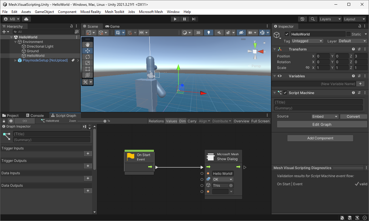 Schermopname van de Unity Editor met de Mesh Visual Scripting Hallo wereld scène geopend.