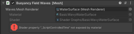 Schermopname van de scriptopties voor Buoyancy Field Waves met het foutbericht: Shader-eigenschap wordt niet weergegeven door materiaal.