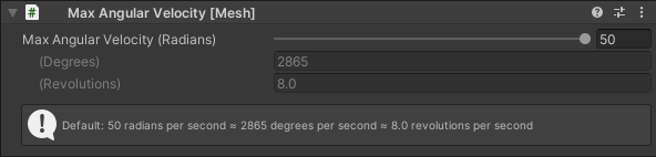 Schermafbeelding van de scriptopties voor Max Angular Velocity in Inspector.