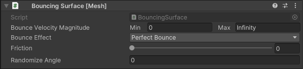 Schermafbeelding van de opties voor het bouncing Surface-script in Inspector.