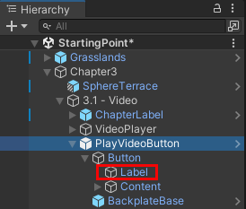 Een schermopname van een Unity met hierarcchy met Label for Button gemarkeerd.