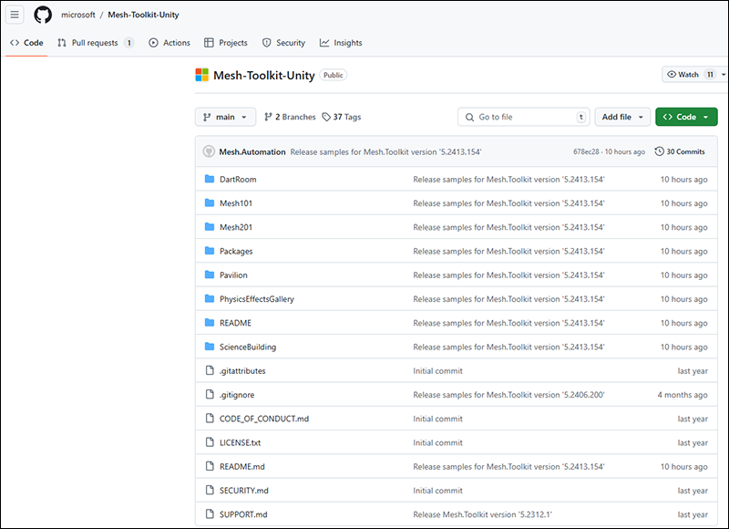 Een scherm van de Mesh Toolkit Unity-opslagplaats op Github.