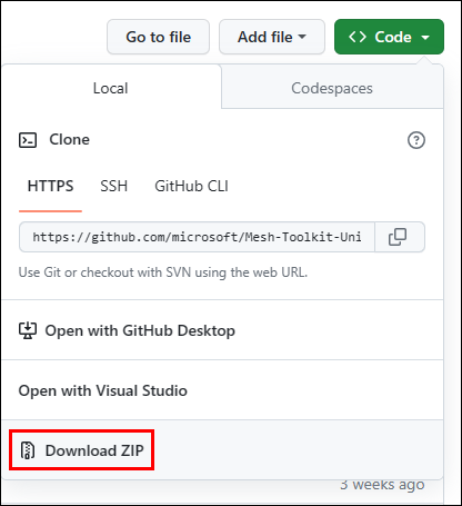 Een schermafbeelding van de knop Code op de Mesh Toolkit Unity-pagina op GitHub.
