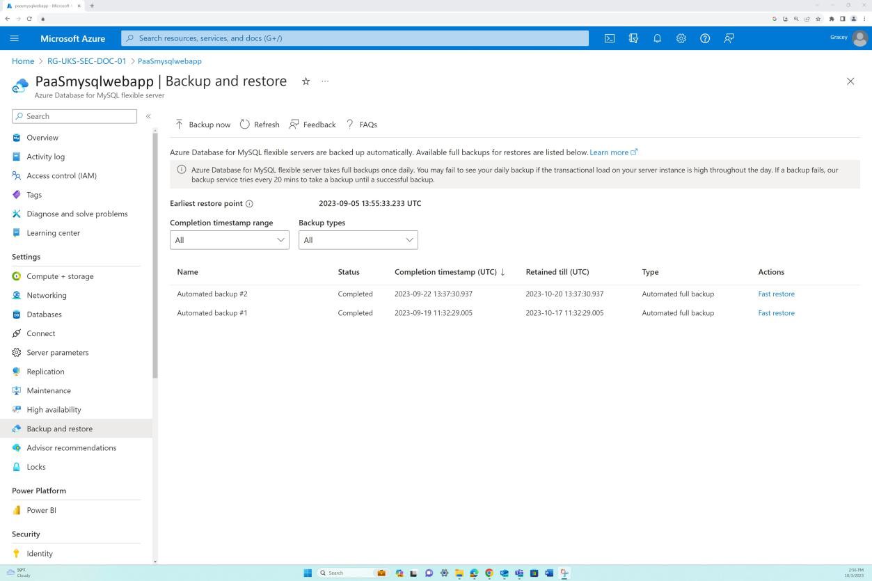 Azure backup and restore settings.