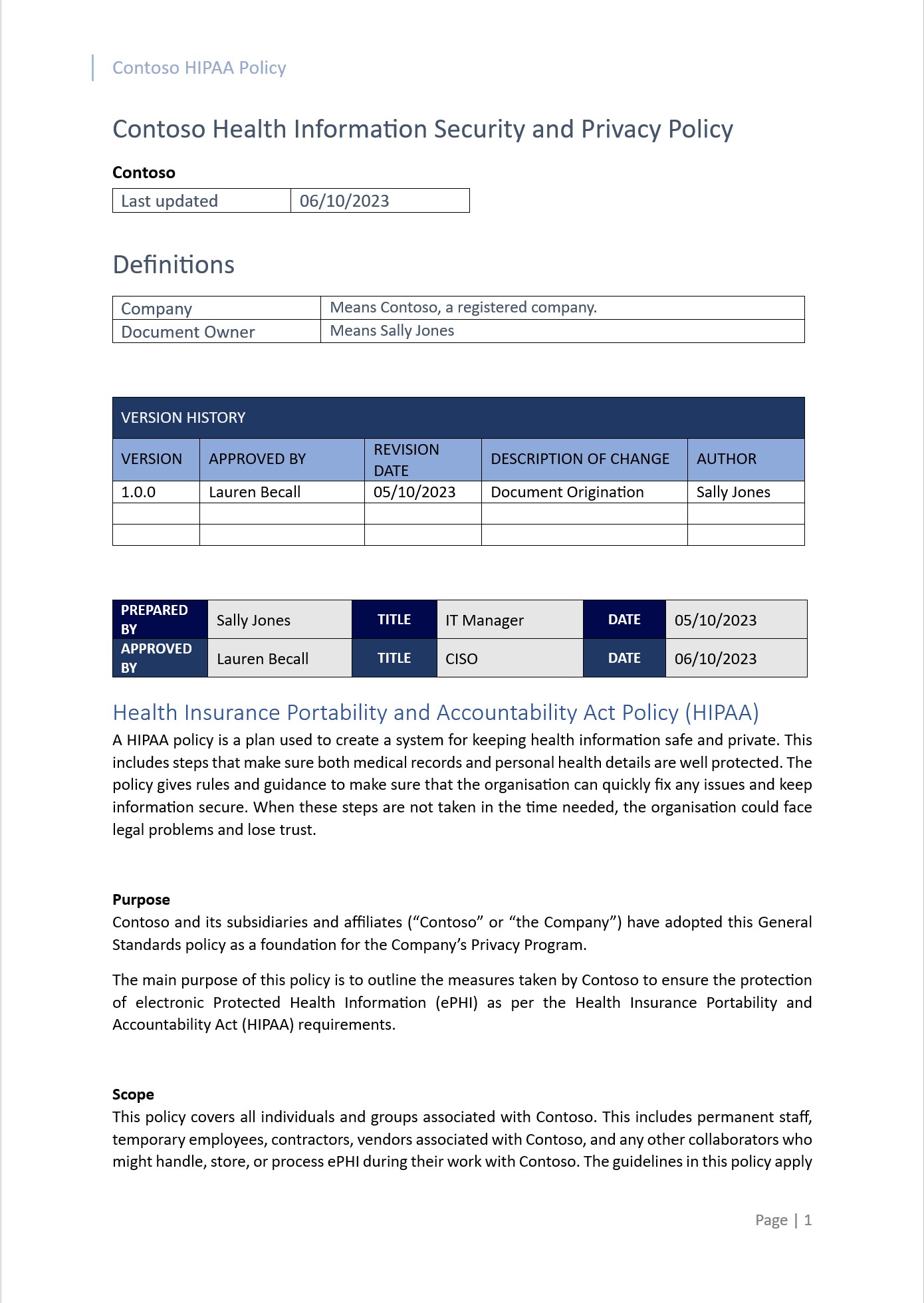 HIPAA policy document.