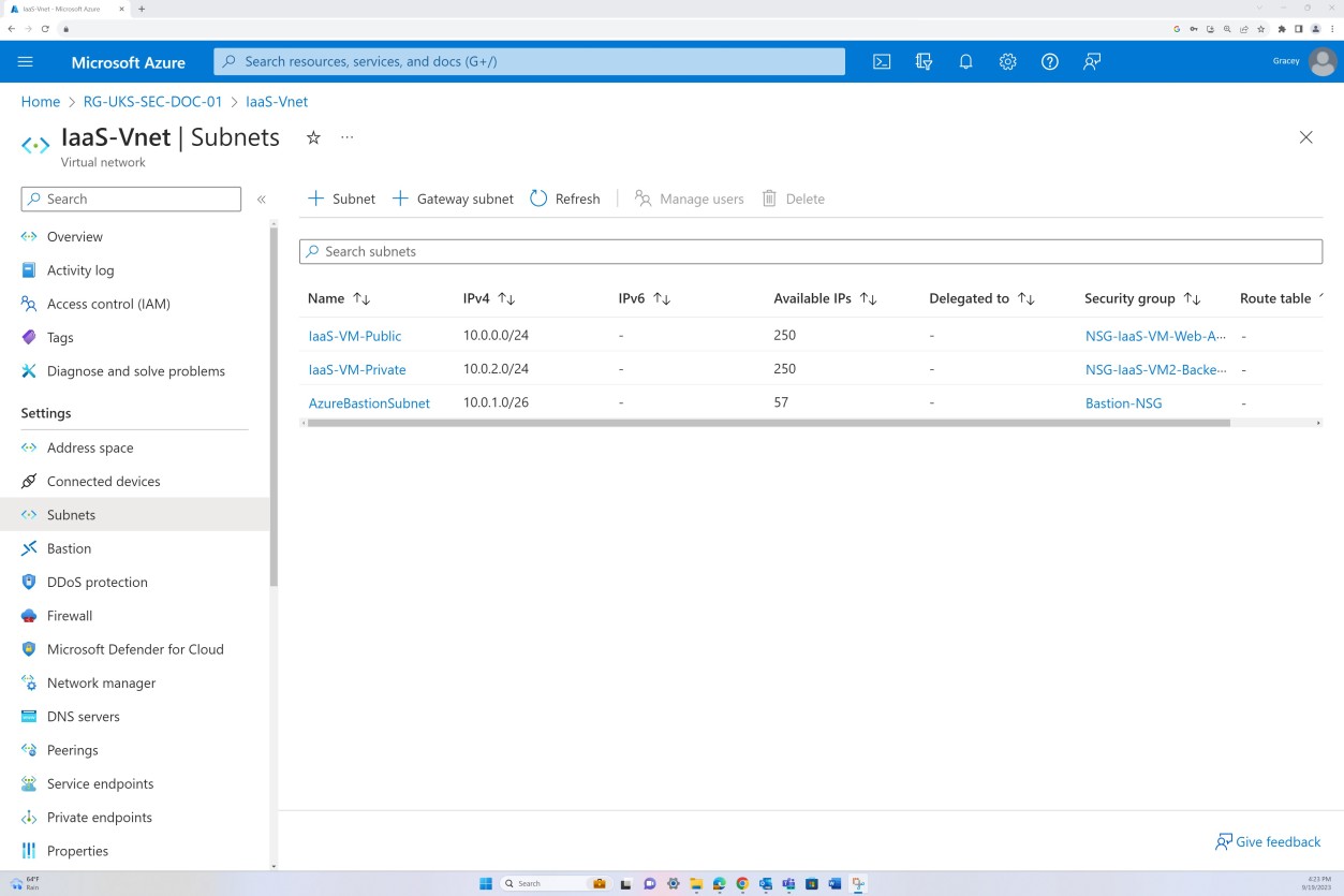 Azure networking settings.