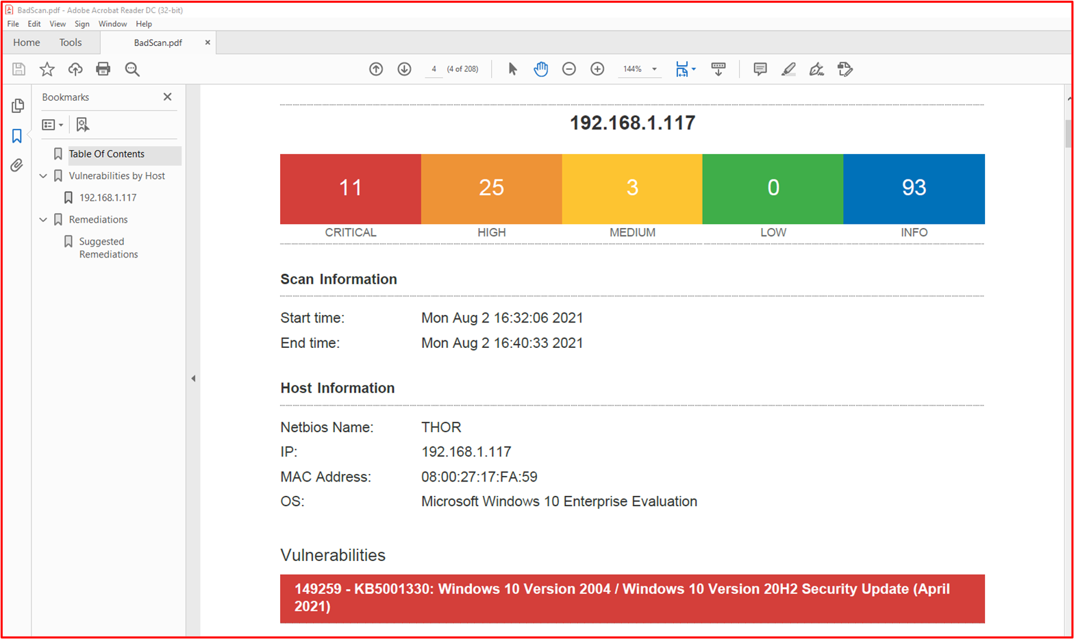 screenshot shows a Nessus scan of the in-scope environment (a single machine in this example named "THOR") showing vulnerabilities on the 2nd August 2021.