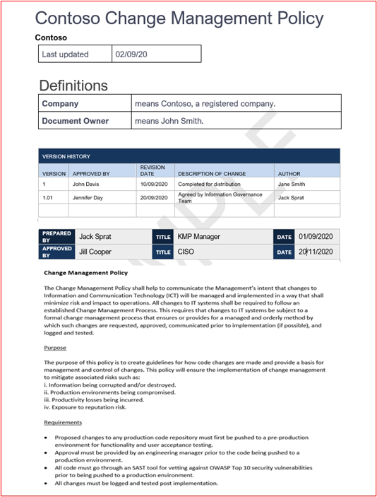 the start of an example change management policy.