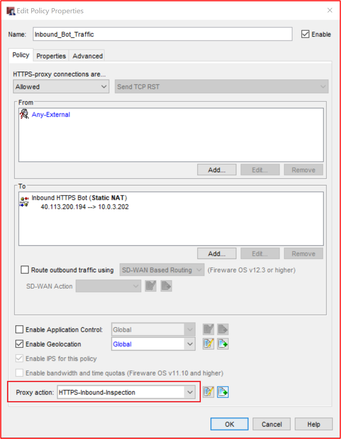 screenshot shows a "Proxy Action" is applied to the 'Inbound_Bot_Traffic' rule, which is used to turn on content inspection.