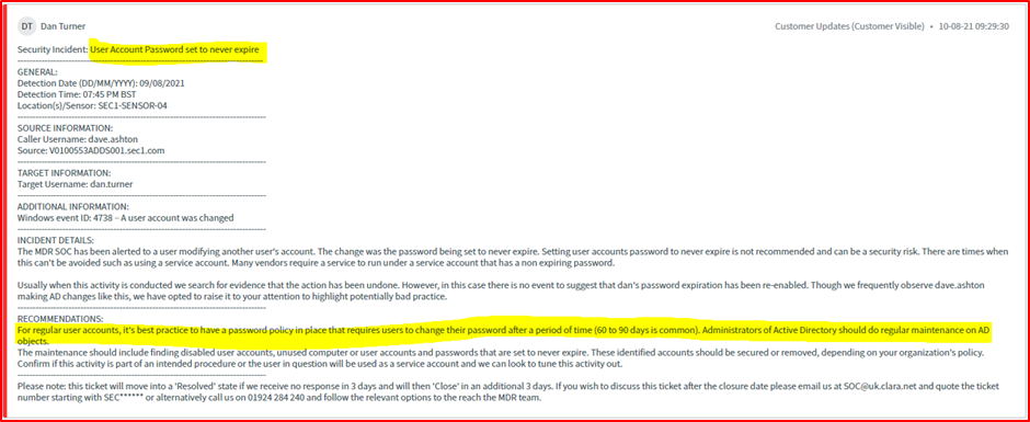 screenshot example shows a security alert being tracked within ServiceNow by the Claranet Cyber Security MDR (Managed Detection and Response) SOC.