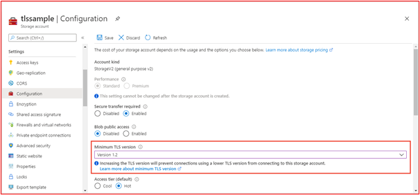 screenshot shows that TLS 1.2 is configured on the storage1