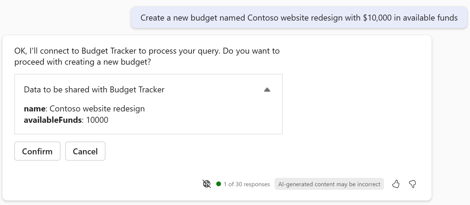 Copilot confirmation dialog for a POST operation.