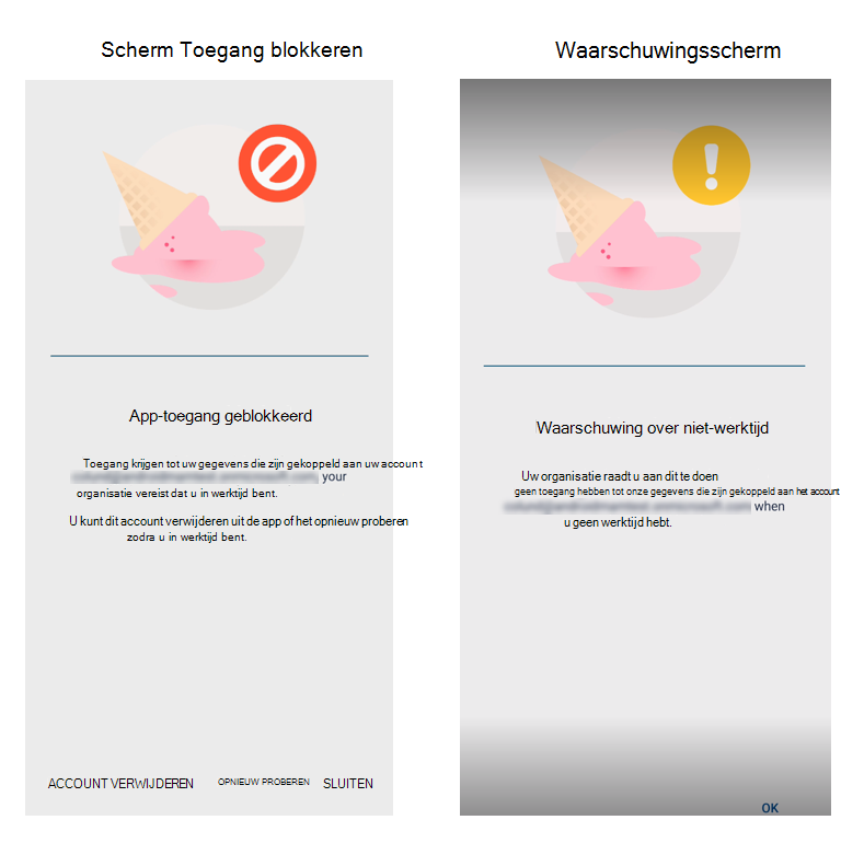 Schermopname van het scherm Toegang blokkeren en het waarschuwingsscherm.