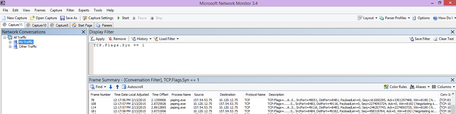 Netmon-tracering van de client met dezelfde PSPing-opdracht via het filter TCP. Vlaggen.Syn == 1.