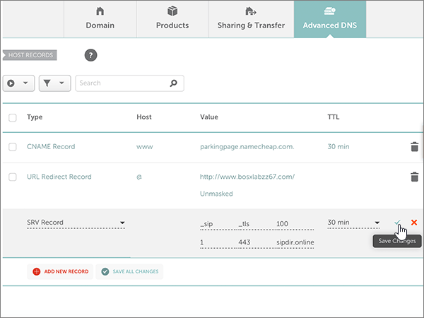 Schermopname van het besturingselement Wijzigingen opslaan voor de SRV-records voor Microsoft Teams.