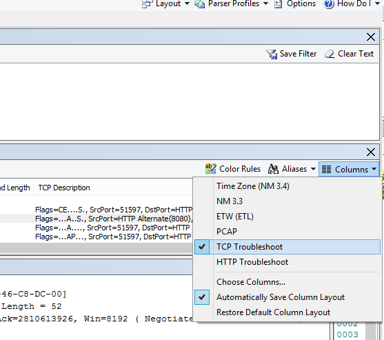 Waar vindt u de vervolgkeuzelijst Kolommen voor de optie TCP-probleemoplossing (boven aan het frameoverzicht).