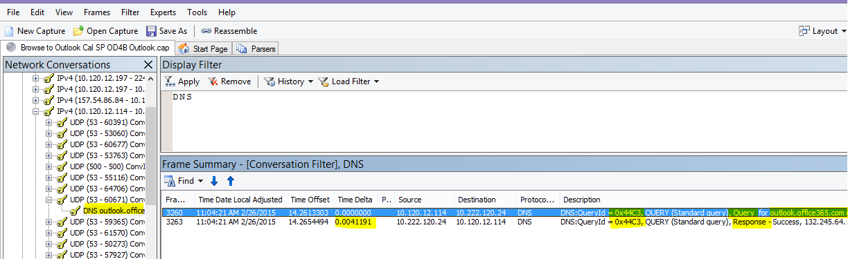 Een Netmon-trace van Outlook Online-belasting gefilterd op DNS en met behulp van Gesprekken zoeken en DNS om de resultaten te beperken.