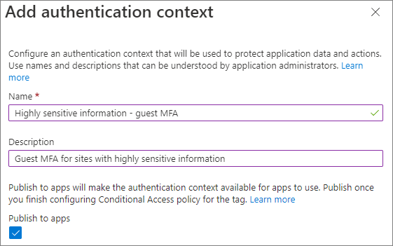 Schermopname van de gebruikersinterface voor verificatiecontext toevoegen.