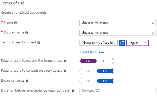 Schermopname van Microsoft Entra nieuwe gebruiksrechtovereenkomstinstellingen.