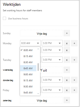 Afbeelding van het scherm Werktijden van Bookings-medewerkers.